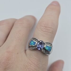 .925 Sterling Silver Tanzanite, CZ & Blue Fire Opal Ring, Size 8